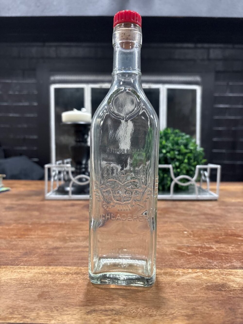 Vintage Schladerer Clear Glass Liquor Bottle With Red Cap Embossed Design - Picture 3 of 7